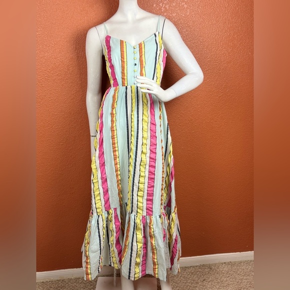 J. Crew Tiered midi dress in seersucker ribbons Summer Fun Rainbow Stripe 0. E10 - Picture 10 of 17